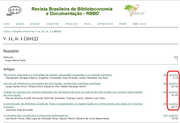 Sumário do v. 11, n. 1 (2015), da RBBD